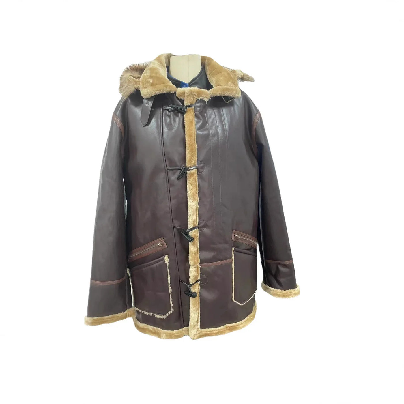 Retro Hooded Winter Leather Jacket Male Fur Integrated Coat Men Jacket with Button Closure Pockets Warm Wool Fur Jacket Coat