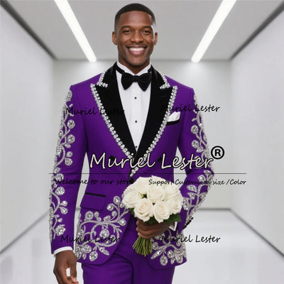 Sparkly Crystals Beaded Suits Men For Wedding Black Peaked Lapel Prom Blazers Outfit 2 Pieces Groom Tuxedos Customized Clothing