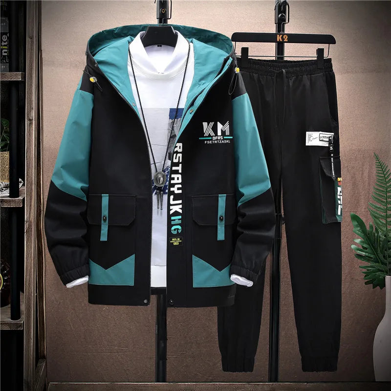 Autumn Casual Men Sets Two Pieces Fashion Korean Trend Hooded Jacket + Pants Spring Baseball Uniform Suit Man Outfit