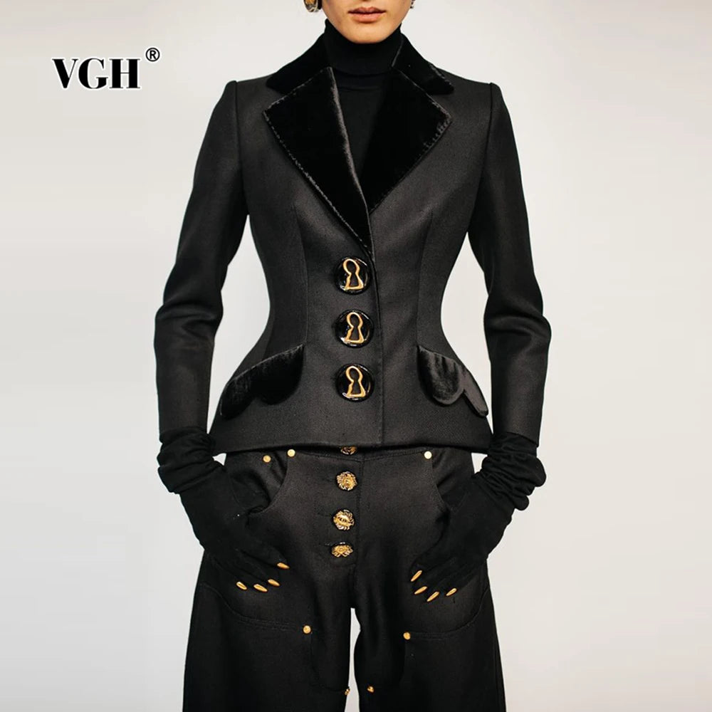 VGH Chic Simming Two Piece Set for Women Lapel Long Sleeve Patchwork Metal Buckle Tunic Coat Long Trousers Outfits Female New