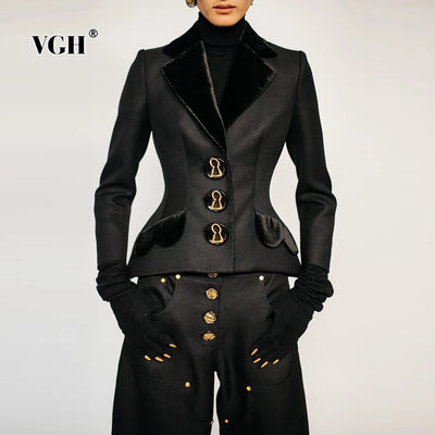 VGH Chic Simming Two Piece Set for Women Lapel Long Sleeve Patchwork Metal Buckle Tunic Coat Long Trousers Outfits Female New