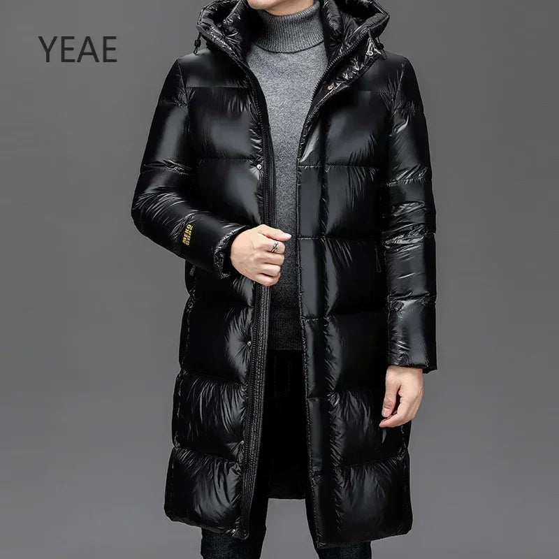 YEAE Winter New White Duck Down Thick Black Gold Down Jacket Men's Medium and Long High-end Leisure Warm Hooded Coat Clothing