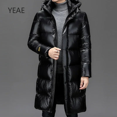 YEAE Winter New White Duck Down Thick Black Gold Down Jacket Men's Medium and Long High-end Leisure Warm Hooded Coat Clothing