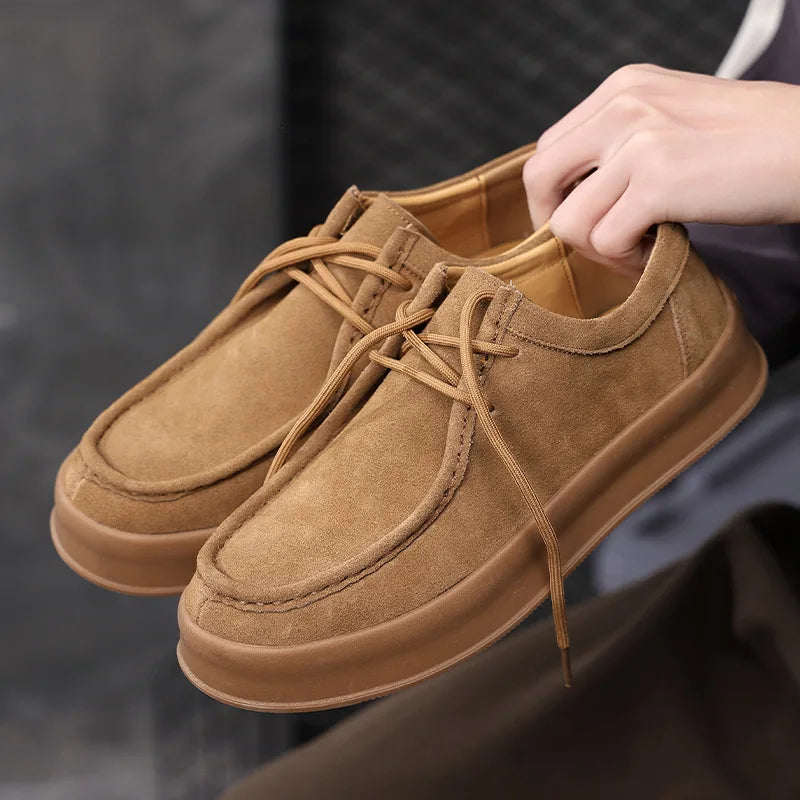 Men's Casual Shoes Lace-up Cow Suede Genuine Leather Thick Sole Mens Classic Retro British Style Outdoor Driving Flats