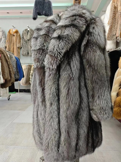 Women's Luxury Long Fox Fur Coat Real Fox Fur Jacket Winter Outerwear Silver Fox Fur Coat