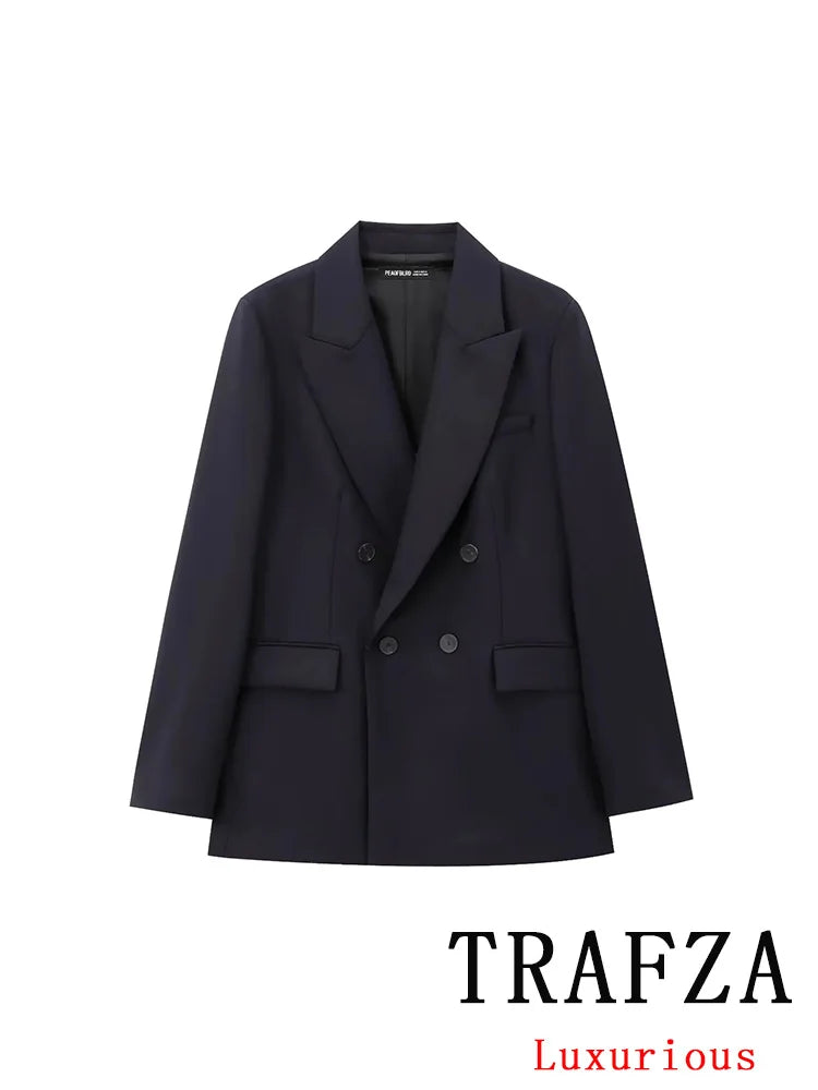TRAFZA Vintage Office Lady Black Solid Suit Single Breasted V Neck Pockets Blazer Straight Loose Pants Fashion 2024 Autumn Sets