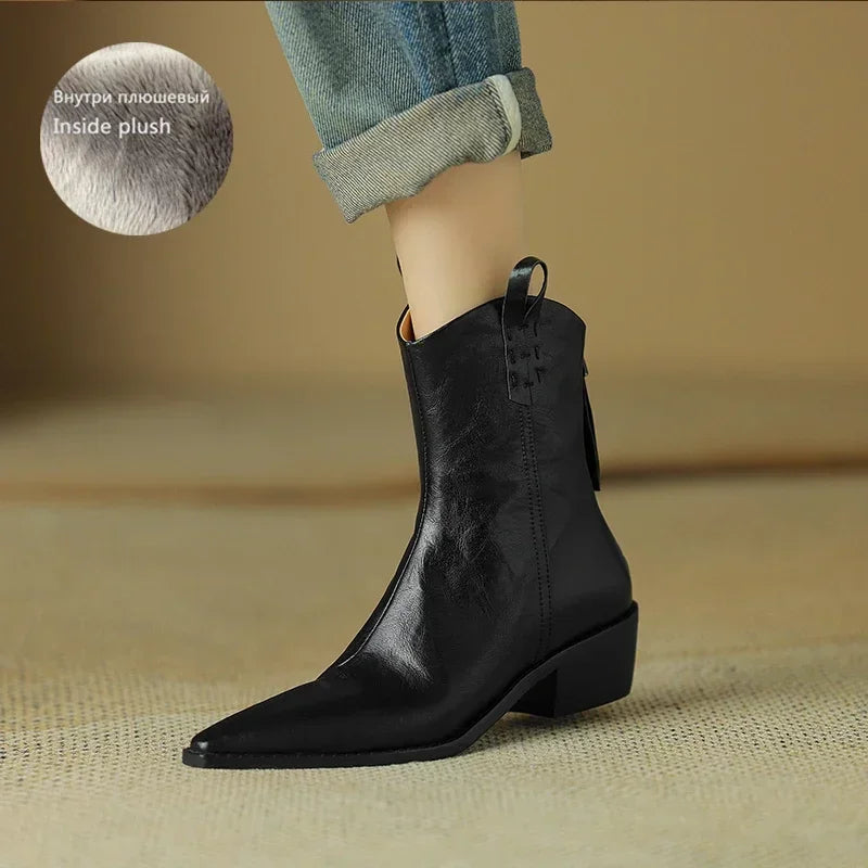 2025 Autumn/winter Women Boots Genuine Leather Western Boots Women Shoes Pointed Toe Chunky Heel Chelsea Boots Retro Ankle Boots