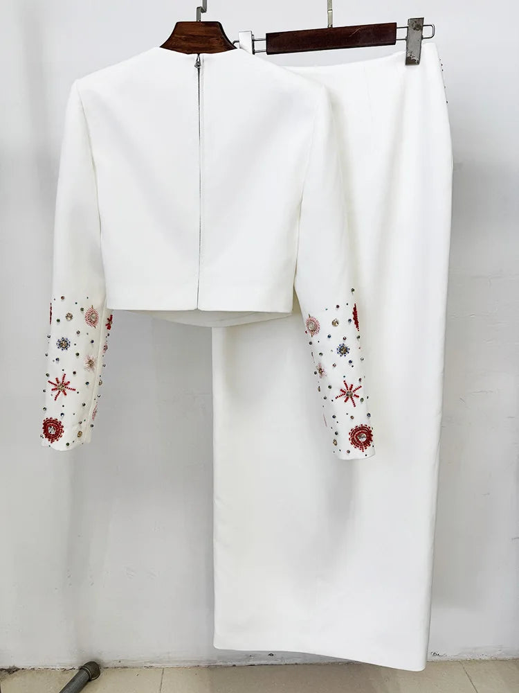 Crystal Two Piece Dress Set Women Long Sleeve Jacket Coat Pencil Maxi Skirt Suits 2pcs Outfits Brand Formal Evening Long Dresses