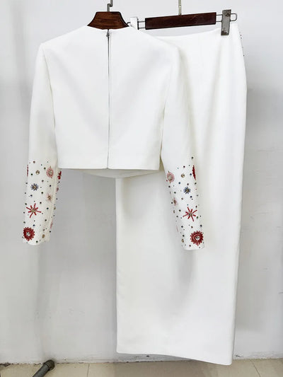 Crystal Two Piece Dress Set Women Long Sleeve Jacket Coat Pencil Maxi Skirt Suits 2pcs Outfits Brand Formal Evening Long Dresses
