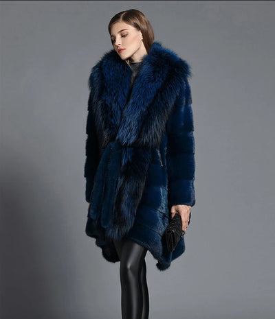 HDHOHR 2025 New Natural Mink Fur Coats Women Real Mink Fur Coat With Big Fox Elegant blue High Quality Female Warm Winter Jacket