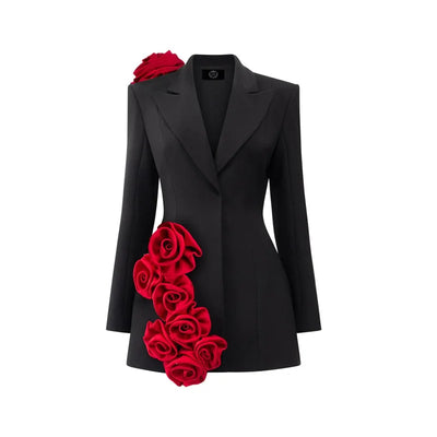 Newest Couture Stretchy Black Women Blazer Dresses With Red Handmade Flower Details Fashion Maxi Dress