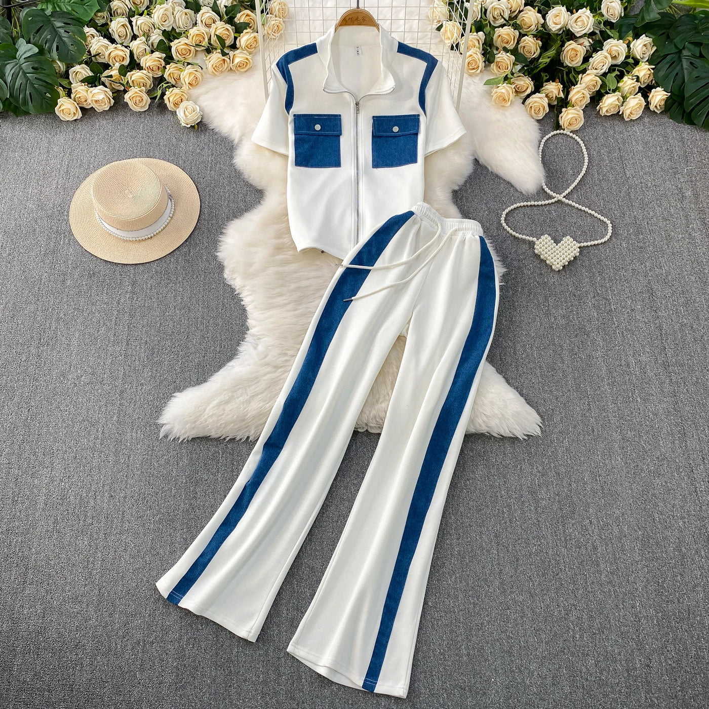 2025 New Casual Zipper Collar ort Sve Patchwork Denim T-irt Top High Waist Slim Wide Leg Pants Two Piece Set Women's F...