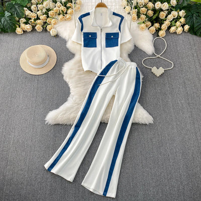 2025 New Casual Zipper Collar ort Sve Patchwork Denim T-irt Top High Waist Slim Wide Leg Pants Two Piece Set Women's F...