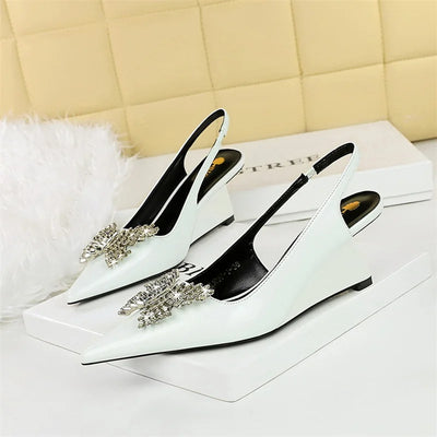 New Wedges Patent Leather Shallow Pointed Toe High Heels Sandals Hollow Back Straps Metal Crystal Bow Ladies Single Shoes