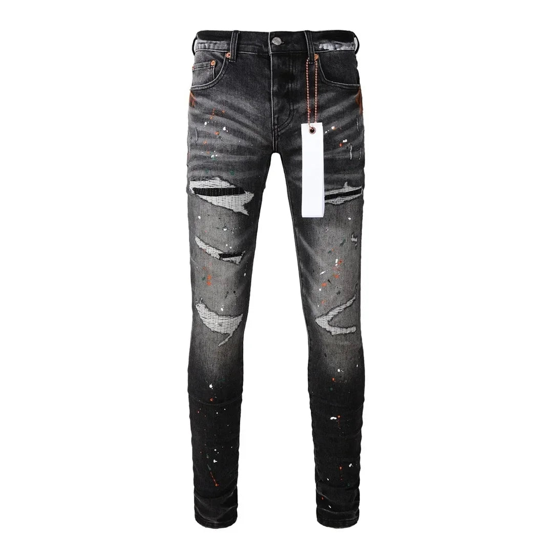 Fashion American Streetwear Distressed Vintage Men's Jeans Low Rise Stretch Skinny Button Fly Ripped Hold Pants
