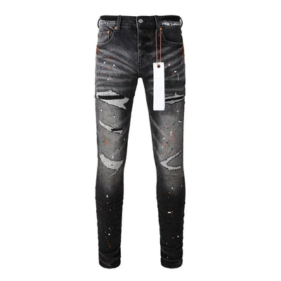 Fashion American Streetwear Distressed Vintage Men's Jeans Low Rise Stretch Skinny Button Fly Ripped Hold Pants