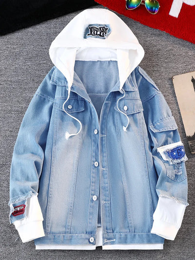 Fall Men's Denim Jaet Baseball Sle Casual Hoodie Outerwear Spring Autumn Couple's Faionable Loose Fit Long Sve