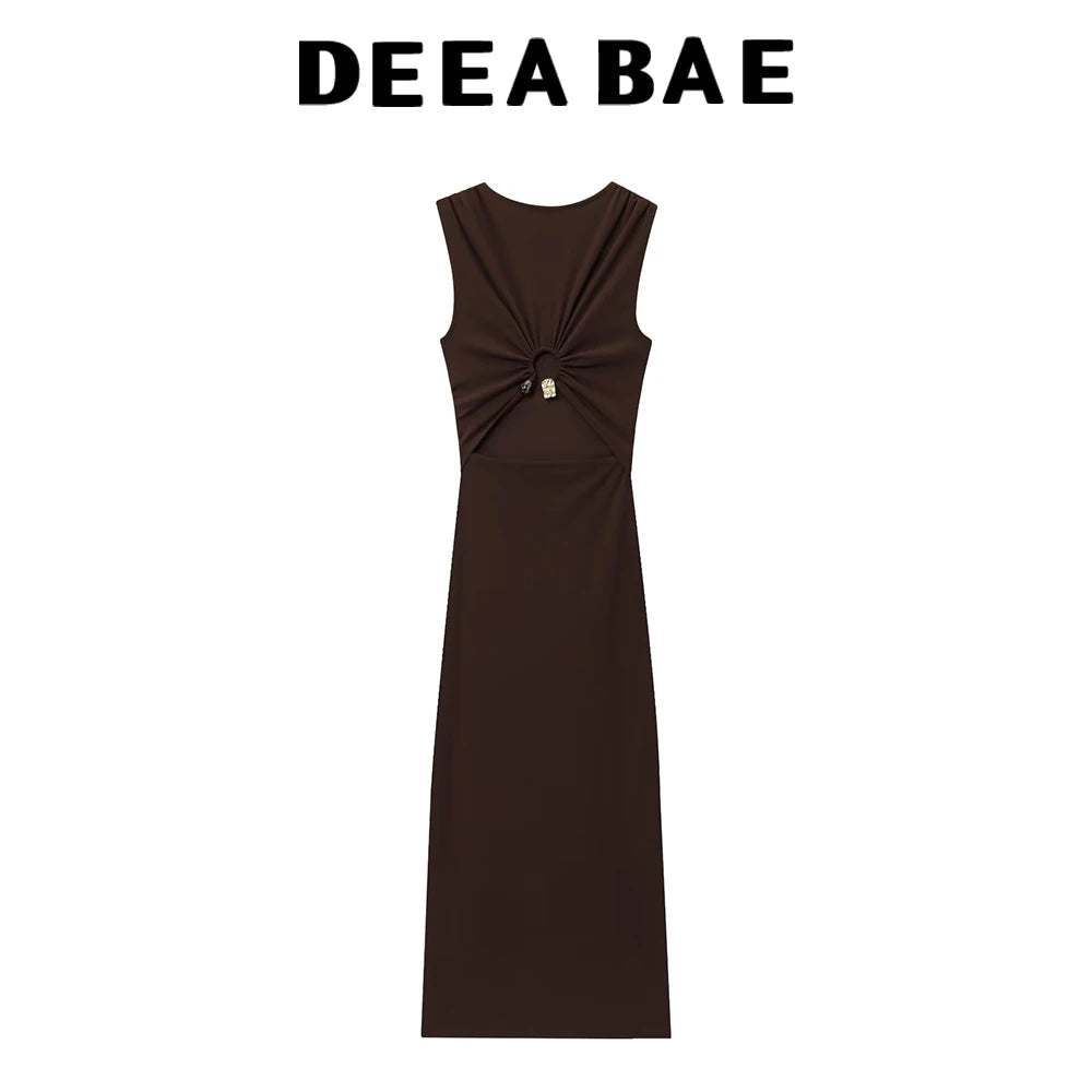 DEEABAE Autumn new women's fashion temperament pleated design with back slit round neck sleeveless MIDI dress