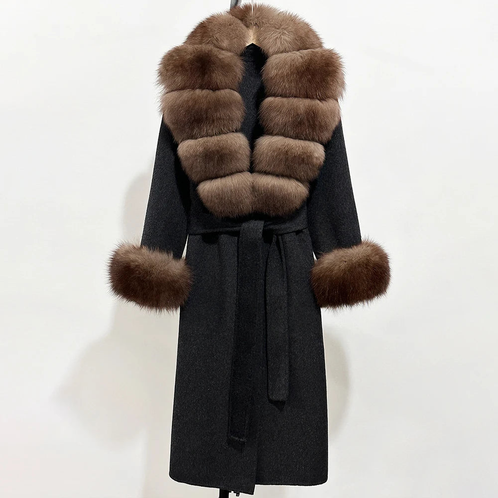 2025 New Autumn Wool Blend Coat Women Elegant Warm Real Fox Fur Collar Winter Wool Coat Female Double-sided Cashmere Jacket