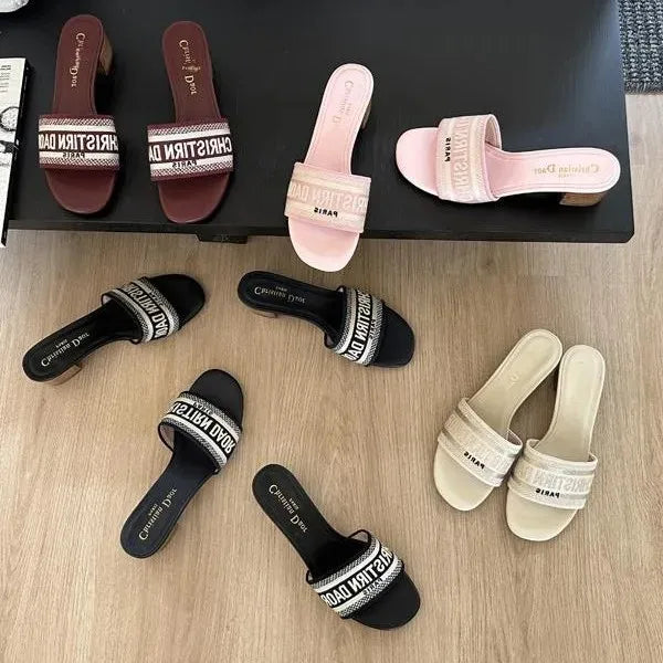 2024 Spring Summer New Women's Embroidery Letter Slippers One-Row Round Head Thick Heel Middle Heel Slip-On Outer Wear
