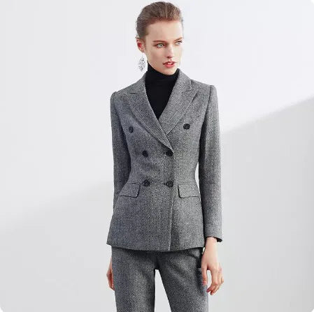 Retro Wool Suit Two Piece Sets Womens Outifits Double-Breasted Blazer Female President Manager Professional Suit Set Clothing