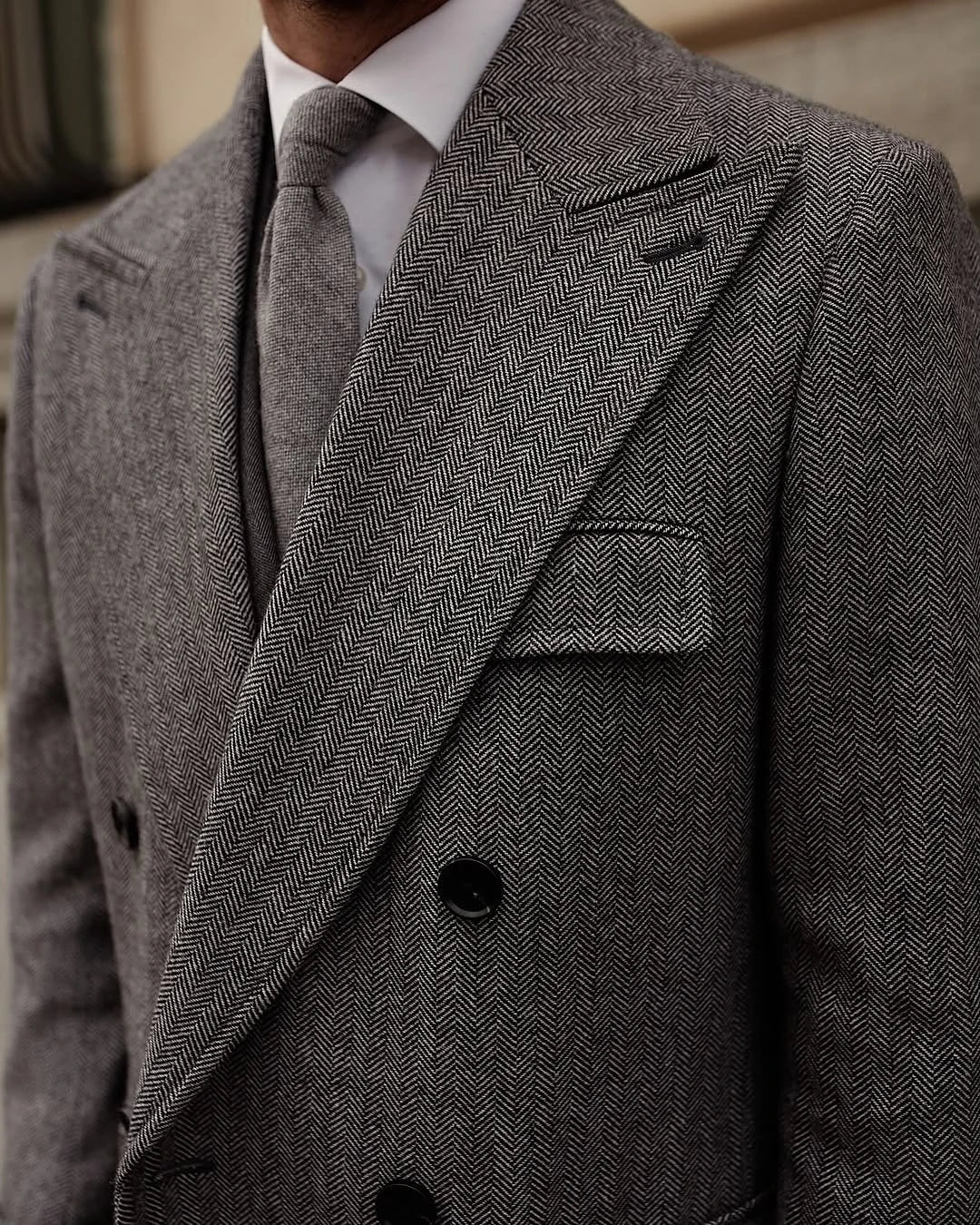 Chevron Fabric Winter Long OverCoat Lapel Double Breasted Winter Lapel Houndstooth Business Formal Men‘s Coat Blazer Customized