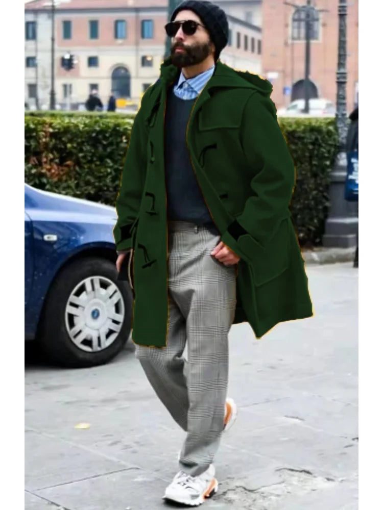 Streetwear Men's Jacket Casual Trench Horn Buttons Loose Hooded Outerwears Jackets Extra-long Men Clothing For Autumn Winter