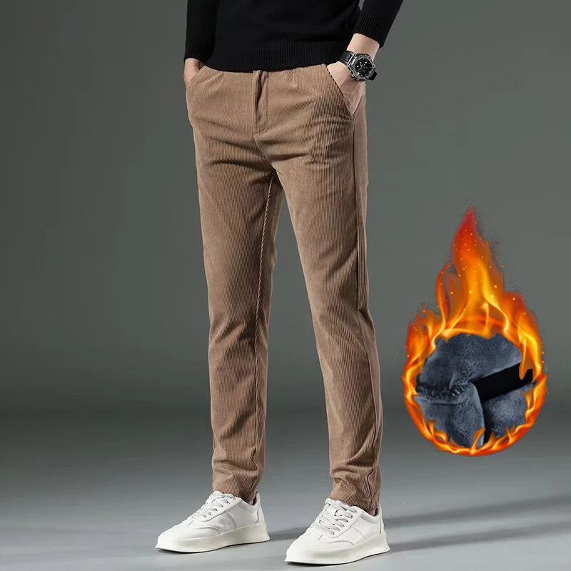 High Quality Brand Men's Corduroy Thicken Pants Fashion Khaki Narrow Leg Casual Pants Thermal Plush Trousers  Autumn Winter Male