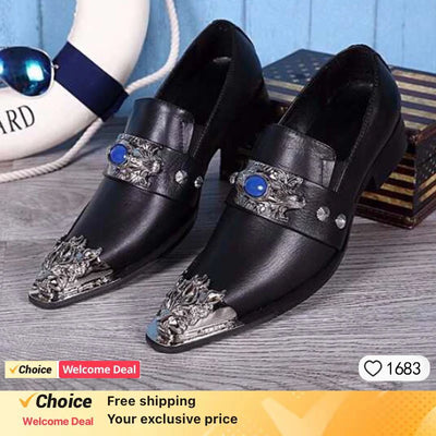 Men's Shoes Italian Style Pointed Metal Toe Leather Dress Shoes Men Slip on Oxfords Shoes for Men's Party and Wedding