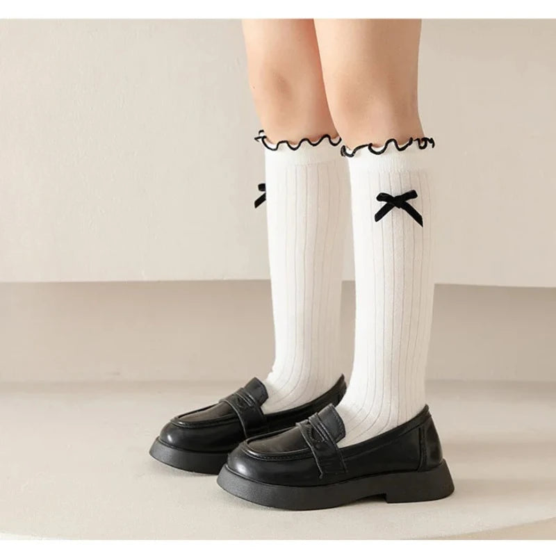 1 Pair Chic Simplicity Kids Girl Sock Sweet Fashion Bow Ruffle Bow Children Girl Calf Sock Spring Autumn Cotton School Sock