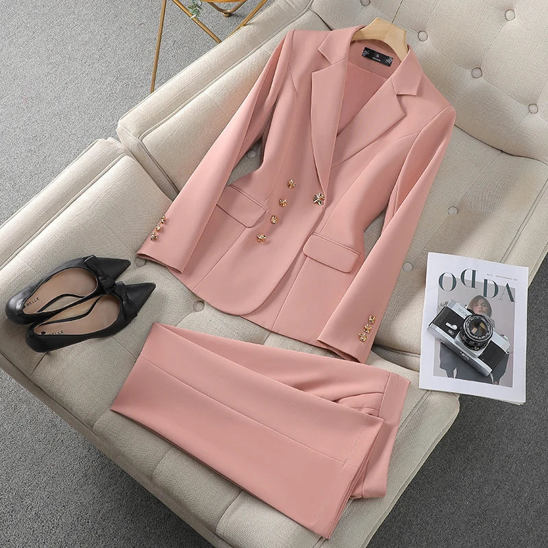 NAVIU New 2024 Women Pant Suits Pink Blazer And Jacket Set Office Ladies Work Business Uniform Female Pantsuit OL Style Beige