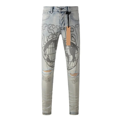 High Street Men's Jeans Low Rise Stretch Skinny Button Fly Ripped Hold Black Pants