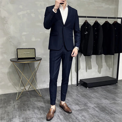 Men's Solid Color Formal Two-Piece Suit Fashion Business Casual Office Dress Wedding Party High-Quality Jacket And Pants Set