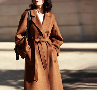 Long Double-Sided Cashmere Coat Women's Caramel Color Woolen Tweed Jacket Water-Wave Pattern Loose Fit Chinese Origin