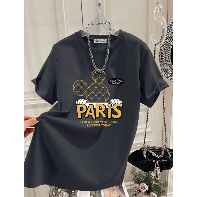2025 Summer New Pure Cotton Short-sleeved T-shirt Women Loose Round Neck Cartoon Letter Mid-length Top