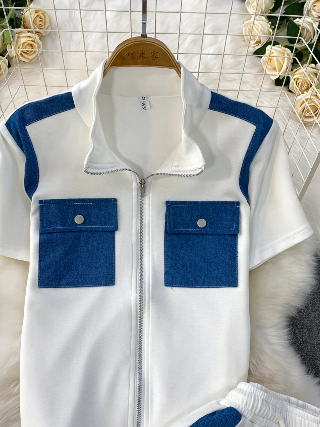 2025 New Casual Zipper Collar ort Sve Patchwork Denim T-irt Top High Waist Slim Wide Leg Pants Two Piece Set Women's F...