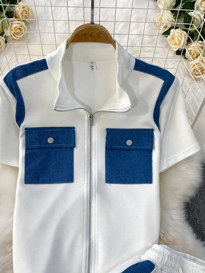 2025 New Casual Zipper Collar ort Sve Patchwork Denim T-irt Top High Waist Slim Wide Leg Pants Two Piece Set Women's F...