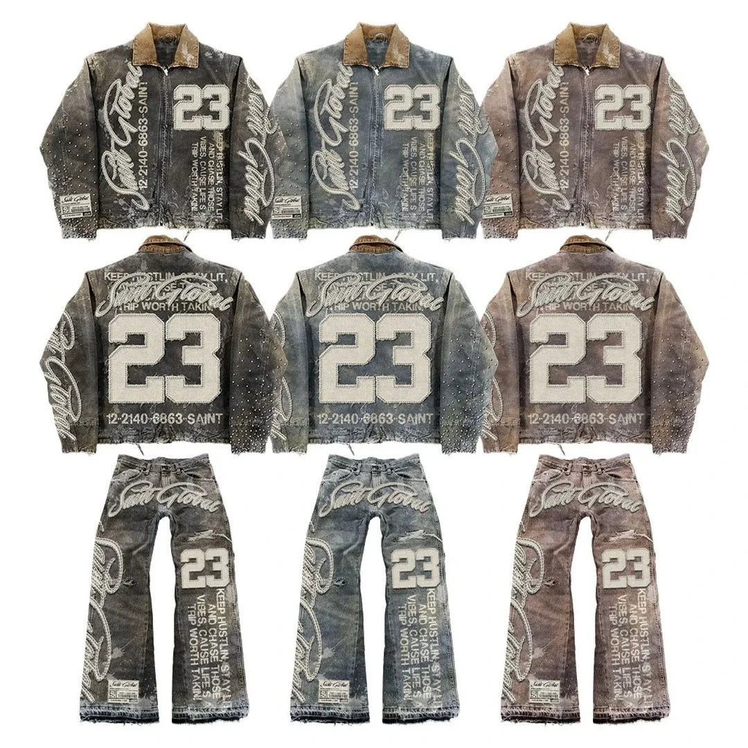 Mens Clothes Letter Embroidery Patchwork Rhinestone Y2k Two Piece Set Hip Hop Retro Zipper Denim Jacket Baggy Jeans Streetwear