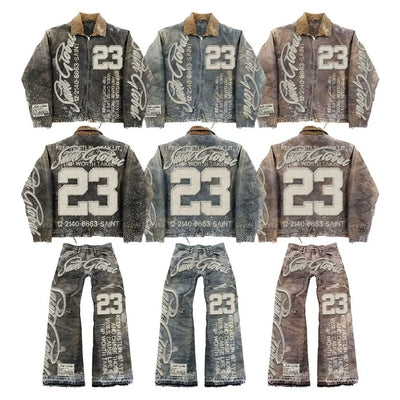 Mens Clothes Letter Embroidery Patchwork Rhinestone Y2k Two Piece Set Hip Hop Retro Zipper Denim Jacket Baggy Jeans Streetwear