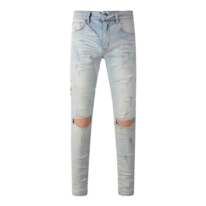 Americans New Trendy Streetwear Men's Jeans Low Rise Skinny Denim Pants Pleated Ripped Trousers
