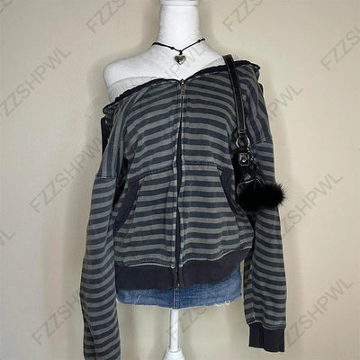 Women's 2025 Gothic Aesthetic Autumn Winter Fur Collar Hoodie Casual Slim Chic Design Cardigan Sweatshirt 2000s Harajuku Clothes