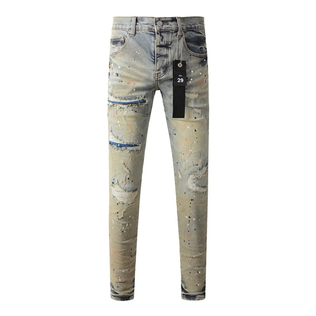 Americans High Street Trendy Men's Jeans Low Rise Stretch PantsSkinny Button Fly Ripped Retro Hold Trousers