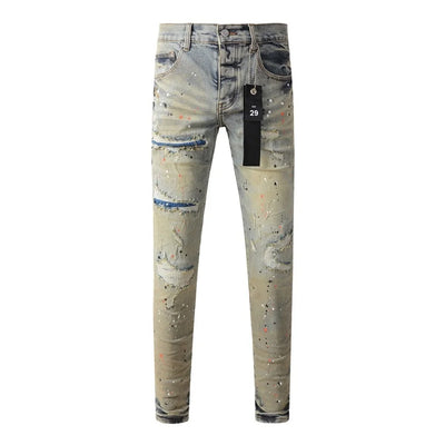 Fashion American Streetwear Distressed Vintage Men's Jeans Low Rise Stretch Skinny Button Fly Ripped Hold Pants