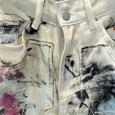 White Graffiti Jeans Mens Streetwear Hip Hop Punk Dirty Style Denim Trousers Men Harajuku Baggy Straight Wide-leg Cargo Pants