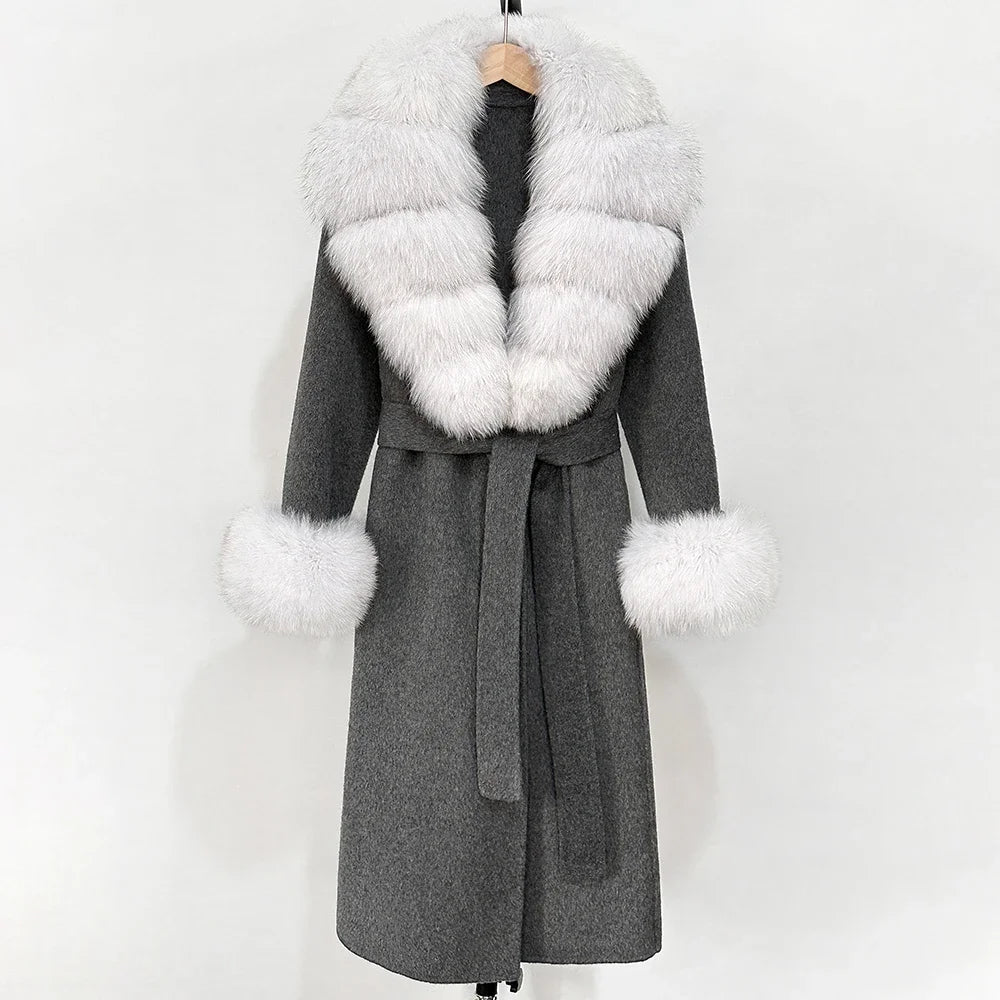 2025 New Autumn Wool Blend Coat Women Elegant Warm Real Fox Fur Collar Winter Wool Coat Female Double-sided Cashmere Jacket