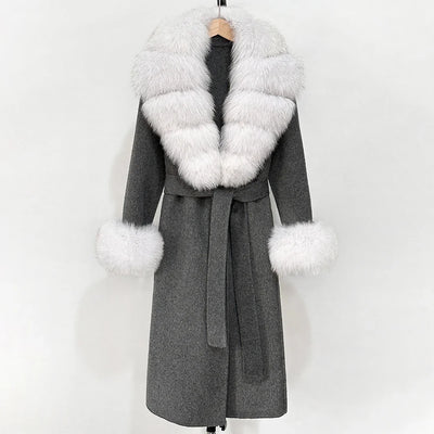 2025 New Autumn Wool Blend Coat Women Elegant Warm Real Fox Fur Collar Winter Wool Coat Female Double-sided Cashmere Jacket