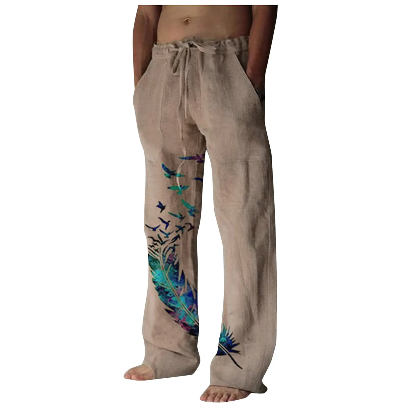 Men's Casual Print Dstring Trousers Comfortable Elastic Waist Long Pants Youth Faion Spor Straight Leg All Season