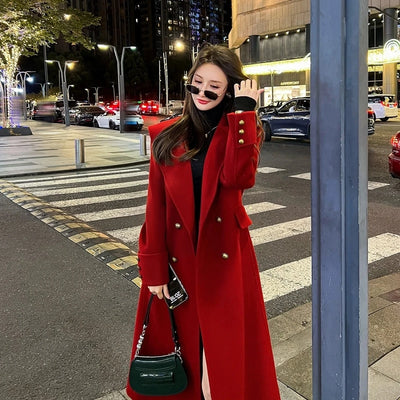 Autumn Winter Female Medium Long Styles Outwear Korean Ladies Long Sleeves Woolen Top 2024 Women Solid Color Wool Blend Jacket