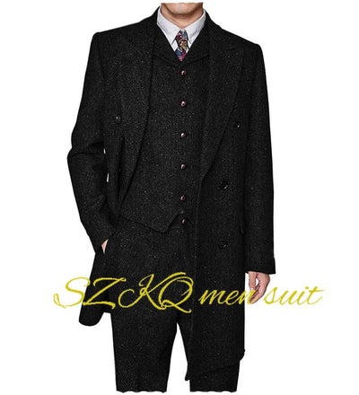 Men's Suit Retro 3 Piece Herringbone Long Jacket Double Breasted Blazer