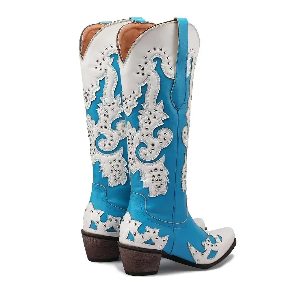 Western Cowboy Knee High Boots Women Blue Red Mixed Color Floral Fretwork Rivet Winter Pointed Toe High Heels Cowgirl Long Boots